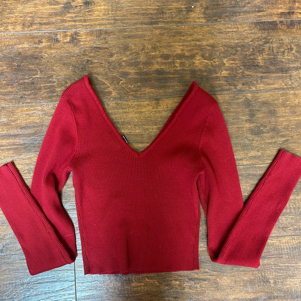 Deep Red Ribbed V-Neck Sweater - Picture 2 of 3
